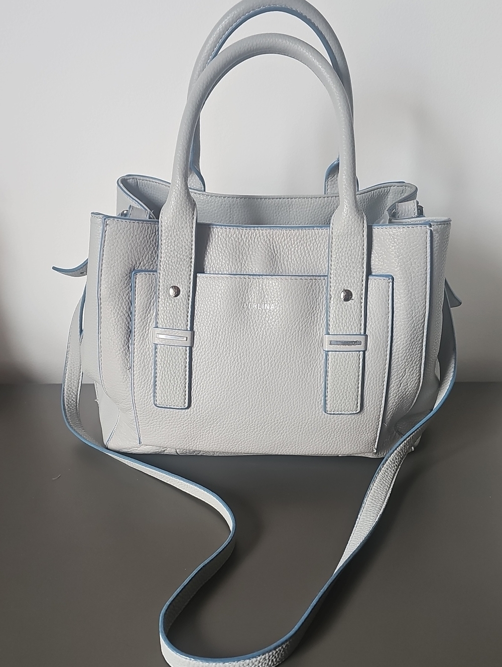 EUC Perlina Y2K Pebbled Leather Satchel Handbag in Light Gray with Blue Trim